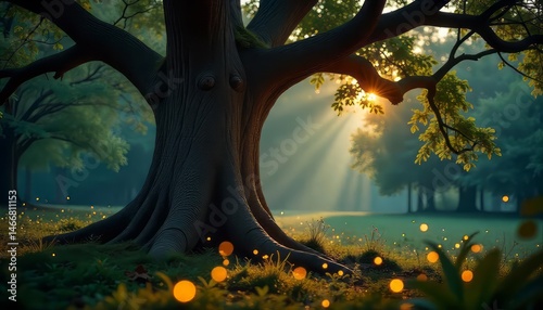 Large Tree with Sun Rays Shining Through Leaves in Tranquil Park