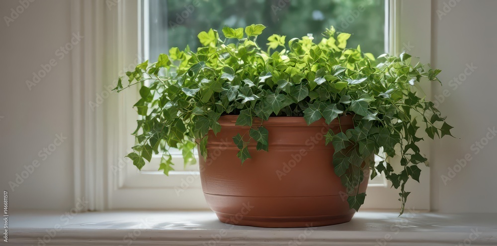 Ceramic pot with ivy trailing on windowsill, soft light, indoor, growth Ceramic pot with ivy trailing on windowsill, soft light, indoor, growth