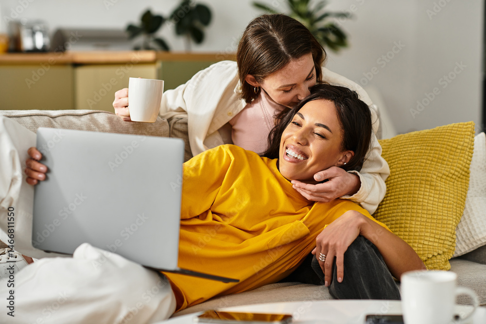 Fototapeta premium Loving couple enjoys cozy day at home with laughter and connection