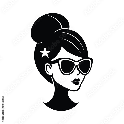 Stylish black and white illustration of a woman with sunglasses and a star in her hair in a pop art style