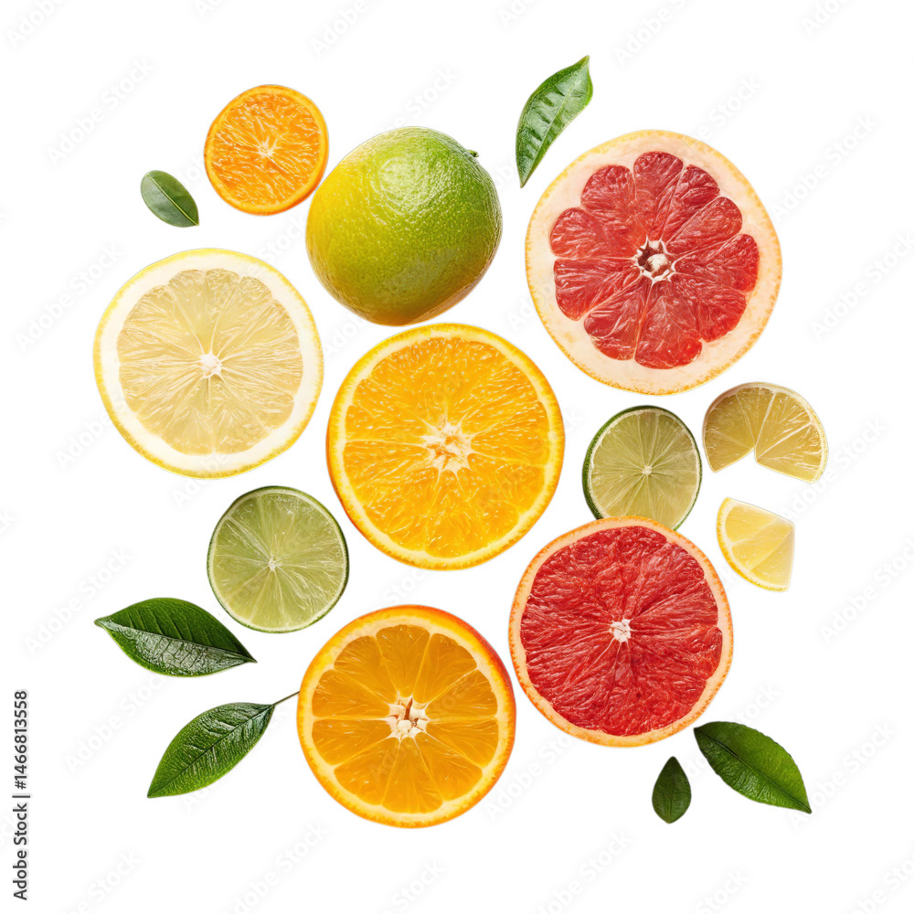 Fototapeta premium Colorful citrus composition of lemon lime and orange fruits with texture detail.