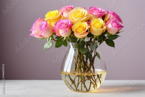 Pink & yellow roses in glass vase Elegant floral arrangement , macro, colorful, shadow
