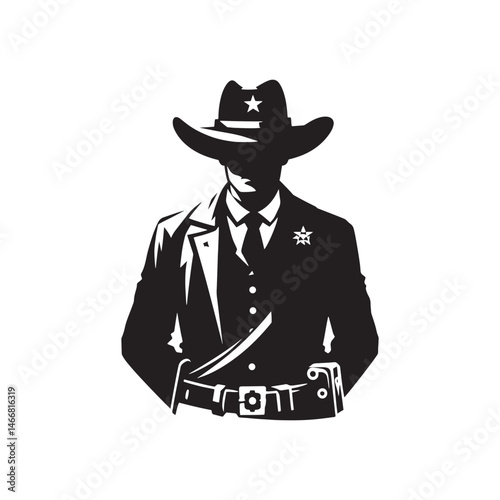Frontier Marshal Vector Silhouette, Wild West Lawman, Cowboy Justice, Western Hero, Sheriff, Outlaw Hunter, Rugged Frontier Spirit, Law Enforcement.
