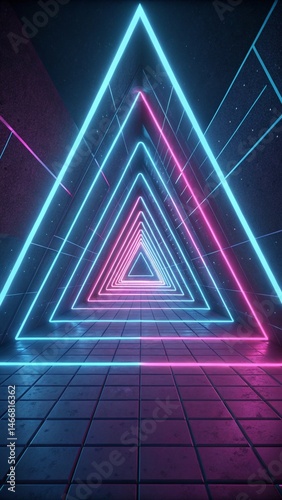 Neon glowing triangles tunnel, futuristic abstract background illustration. Abstract triangle background