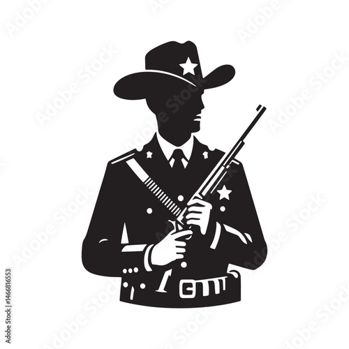 Frontier Marshal Vector Silhouette, Wild West Lawman, Cowboy Justice, Western Hero, Sheriff, Outlaw Hunter, Rugged Frontier Spirit, Law Enforcement.
