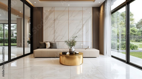 Elegant luxury home interior with high-gloss gold table modern living room serene atmosphere chic design