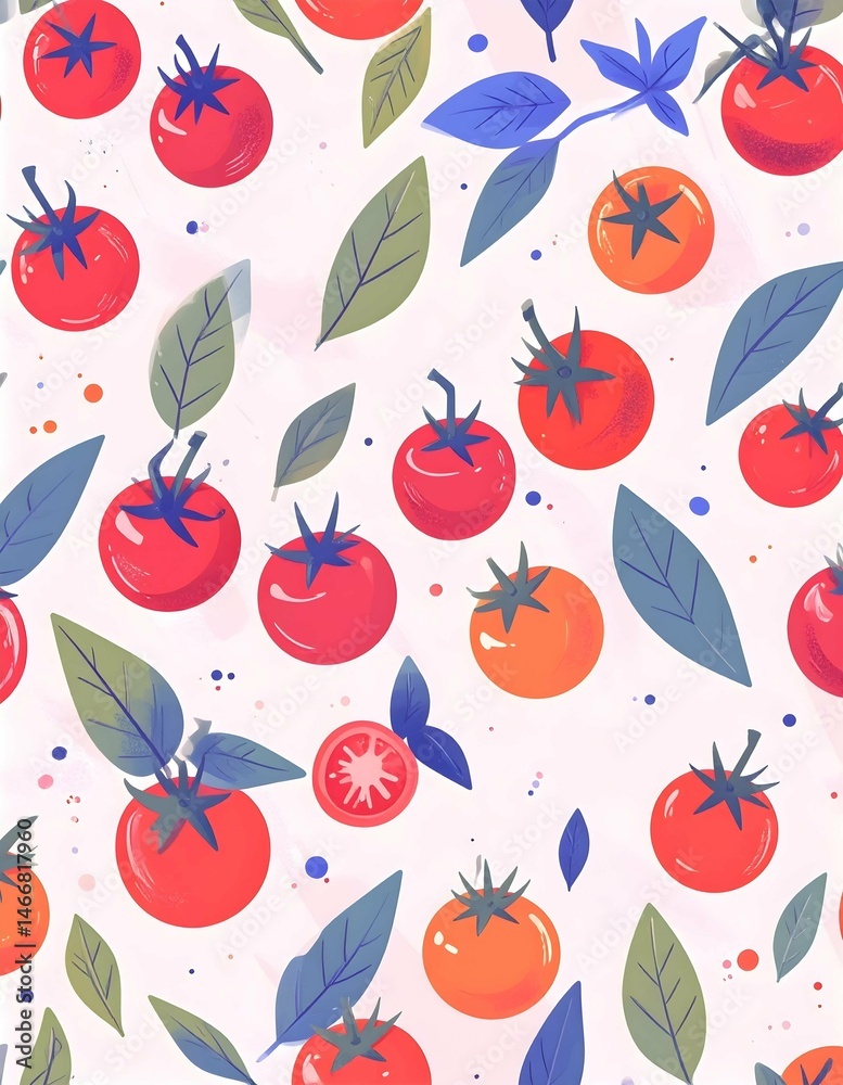 A vibrant, stylized pattern features red and orange tomatoes with blue and green leaves on a pale pink background, suggesting a fresh, organic theme A vibrant, stylized pattern features red and orange tomatoes with blue and green leaves on a pale pink background, suggesting a fresh, organic theme