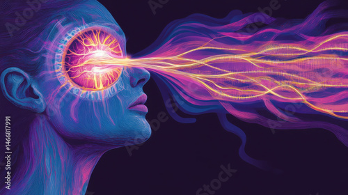 Futuristic Portrait of a Woman with Energetic Eye Visuals and Colors