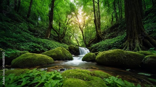 Waterfall in the forest with sunlight. HD