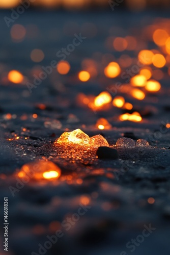Macro close up of ice crystals melting on dark ground with bokeh lights at sunset in winter low angle