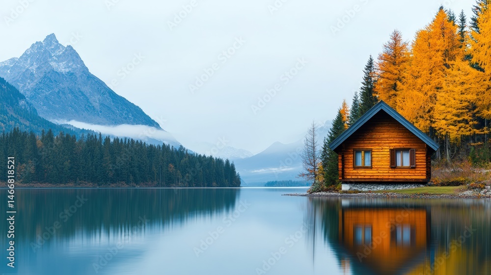 Fototapeta premium Cozy wooden cabin reflecting in serene mountain lake at dawn during autumn