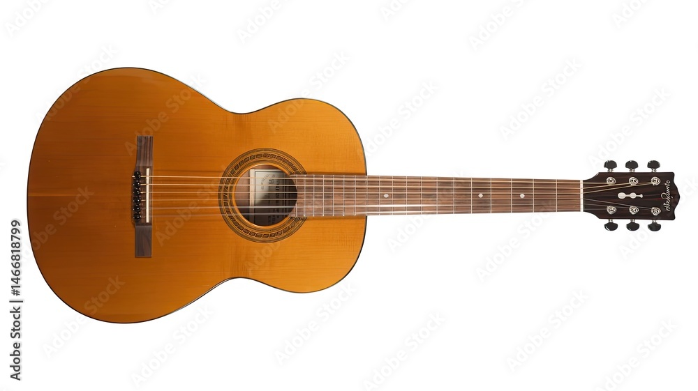 Obraz premium Spanish Acoustic Guitar Isolated on White Background, Classic Design with Wooden Body and Rich Strings, Close-Up of Guitar Details