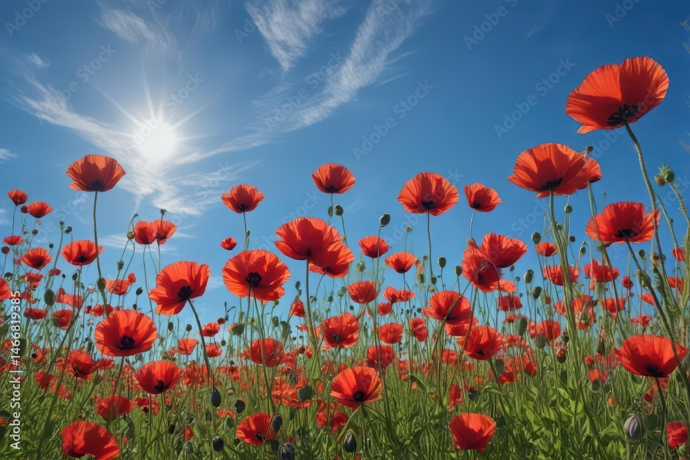 Obraz premium Crimson poppies sway gently under a vibrant blue sky , nature, idyllic, spring