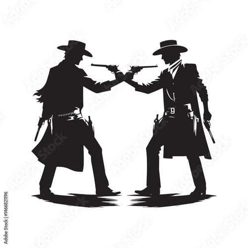 Gunfighter Duel Vector Silhouette, Western Standoff, High Noon Showdown, Wild West Face-Off, Cowboy Tension, Frontier Justice, Classic Western Clash.