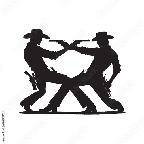 Gunfighter Duel Vector Silhouette, Western Standoff, High Noon Showdown, Wild West Face-Off, Cowboy Tension, Frontier Justice, Classic Western Clash.