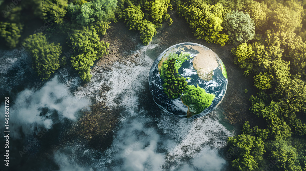 Digital globe displaying real-time environmental changes through layered visuals of forests, oceans, and carbon emissions, capturing urgency of global climate data and ecological impact.