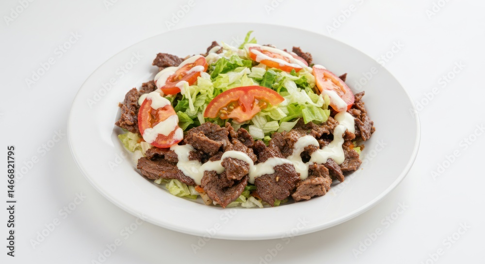 Plate with meat lettuce tomato and sauce on white background food presentation. Plate with meat lettuce tomato and sauce on white background food presentation.