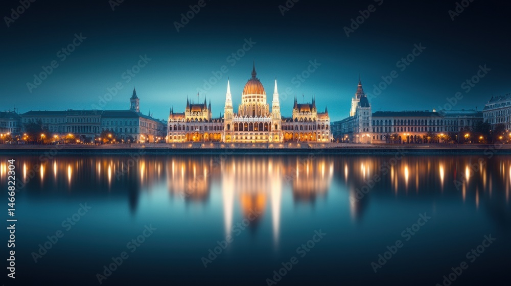 Obraz premium Dramatic Night Skyline View of European Capitals with Reflections Over the Water