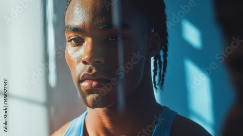 Intense Portrait of Male Athlete in Natural Light with Shadow Play
