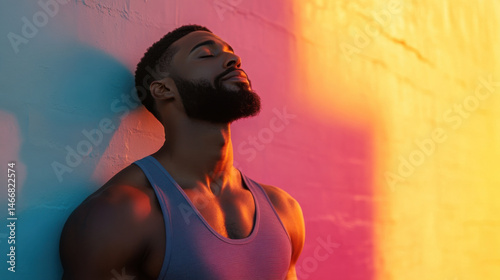 Young Man Enjoying Tranquility Against Colorful Urban Wall