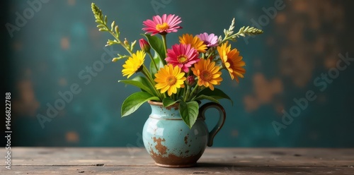 Vibrant wildflowers burst from a weathered vase , wildflowers, colorful, blossoms