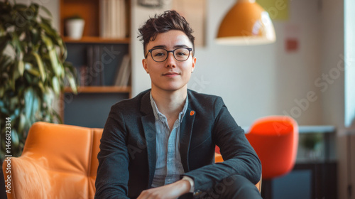 Confident young individual sitting in modern office space with style