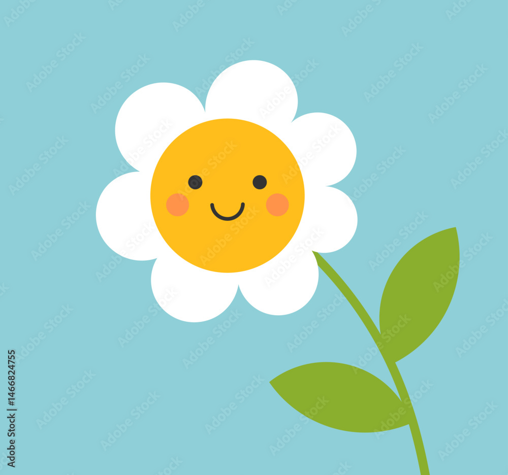 Cute smiling white flower over blue sky background. Simple flower flat design element. Vector illustration.
