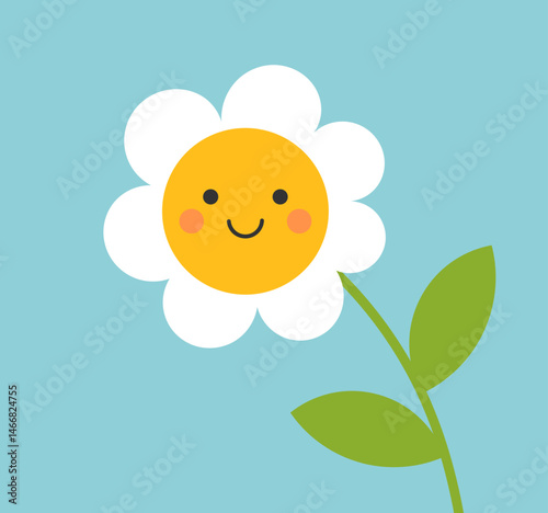 Obraz na płótnie Cute smiling white flower over blue sky background. Simple flower flat design element. Vector illustration. w salonie