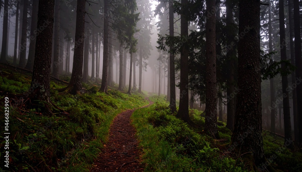 Fototapeta premium Claro de bosque brumoso con suave pendiente y sendero