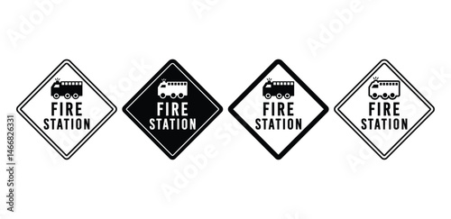 Fire Station Road Sign Icons Black and White Color Vector Design Illustration Set