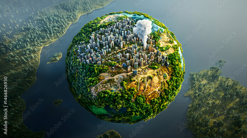 Digital globe displaying real-time environmental changes through layered visuals of forests, oceans, and carbon emissions, capturing urgency of global climate data and ecological impact.