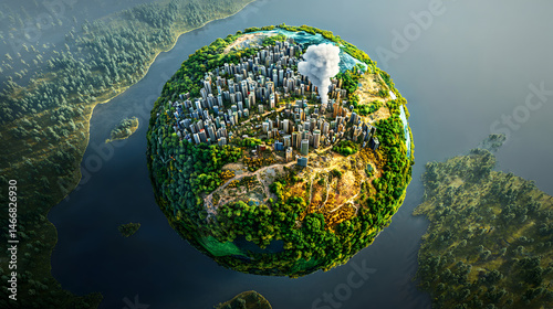 Obraz na płótnie Digital globe displaying real-time environmental changes through layered visuals of forests, oceans, and carbon emissions, capturing urgency of global climate data and ecological impact. w salonie