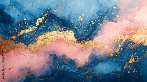 Elegant pink and blue marble swirl with gold accents, luxury abstract background