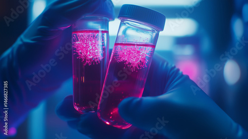 Scientist holding medical test tubes or vials with medical pharmaceutical research with blood cells and antiviral medicine.