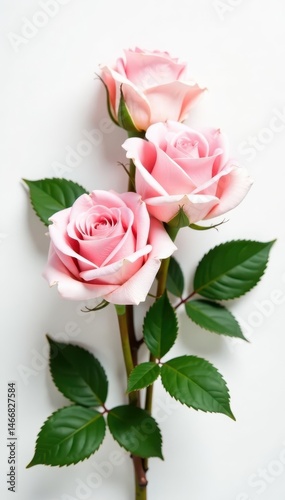 Elegant pink roses and lush green leaves on pure white background, beauty, macro, white