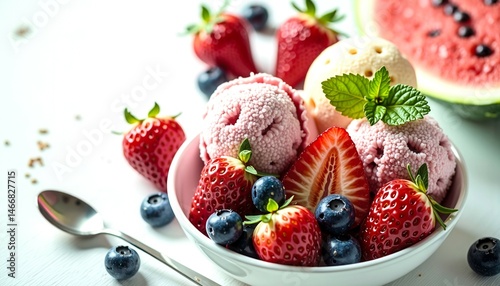 A bowl of fruit with ice cream and a spoon. The bowl is filled with strawberries, blueberries, and watermelon. The ice cream is pink and white. The spoon is silver