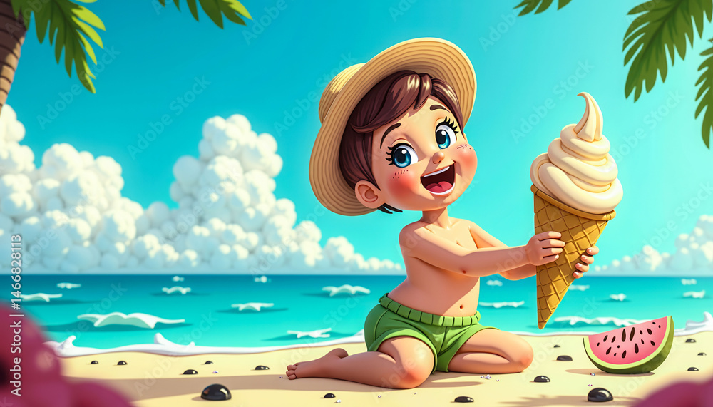 A cartoon of a boy holding a cone of ice cream and a watermelon slice. The boy is smiling and he is enjoying his time at the beach