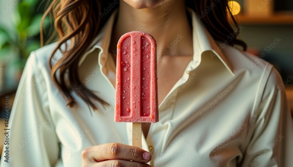 A woman holding a popsicle with a pink and white design. The popsicle is melting in her hand, and she is smiling