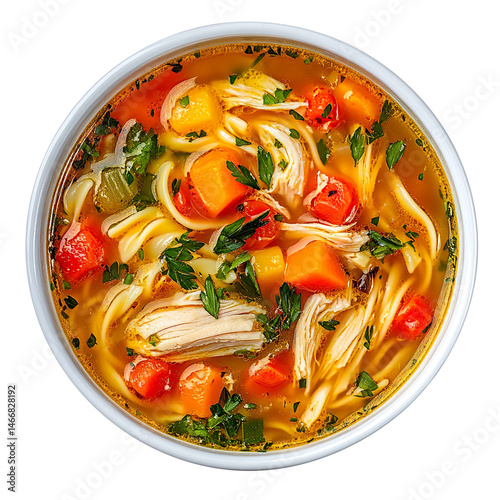 chicken noodle soup with vegetables isolated on a white background