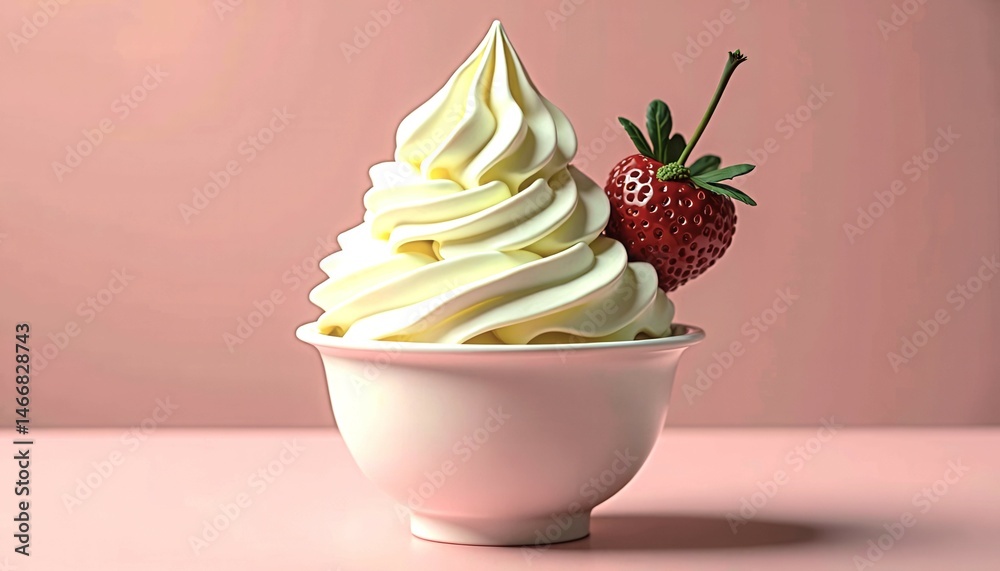 A bowl of whipped cream with a strawberry on top. The whipped cream is light and fluffy, and the strawberry adds a pop of color and a touch of freshness. Concept of indulgence and enjoyment