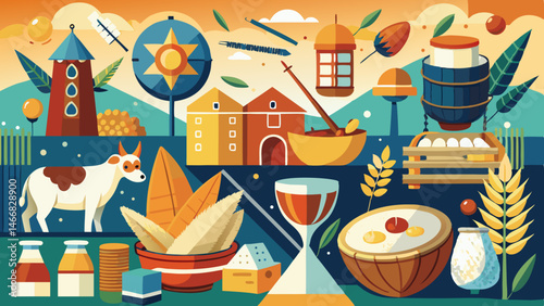 Vibrant village life sunny harvest joyful celebration warm colors stylized illustration flat design