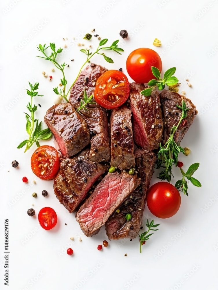 Overhead view of grilled steak slices with tomatoes and herbs on white background studio shot Overhead view of grilled steak slices with tomatoes and herbs on white background studio shot