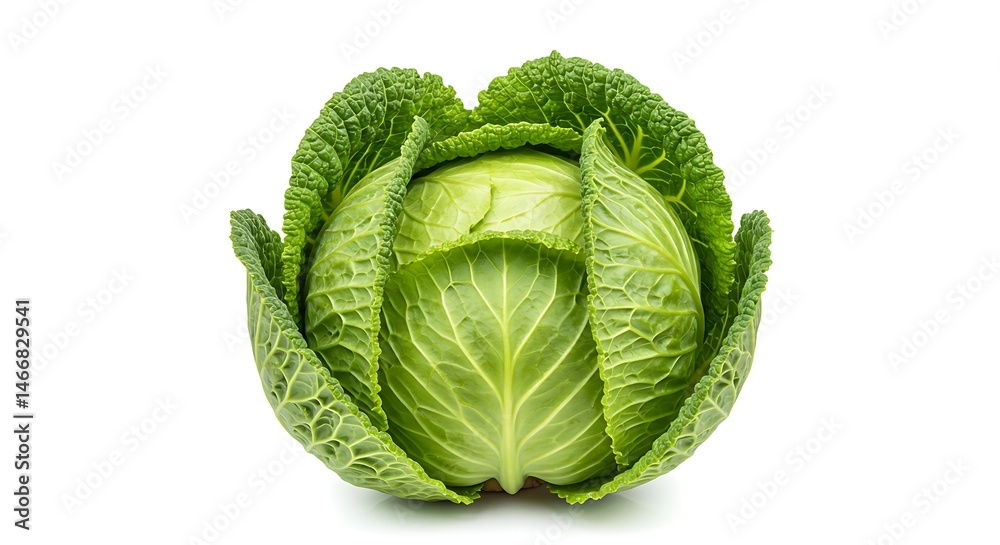 Fototapeta premium Fresh Savoy Cabbage Head Isolated on White Background for Culinary Recipes, Healthy Eating and Vegetable Farming Projects, Ideal for Food Blogs or Nutrition Education Material.