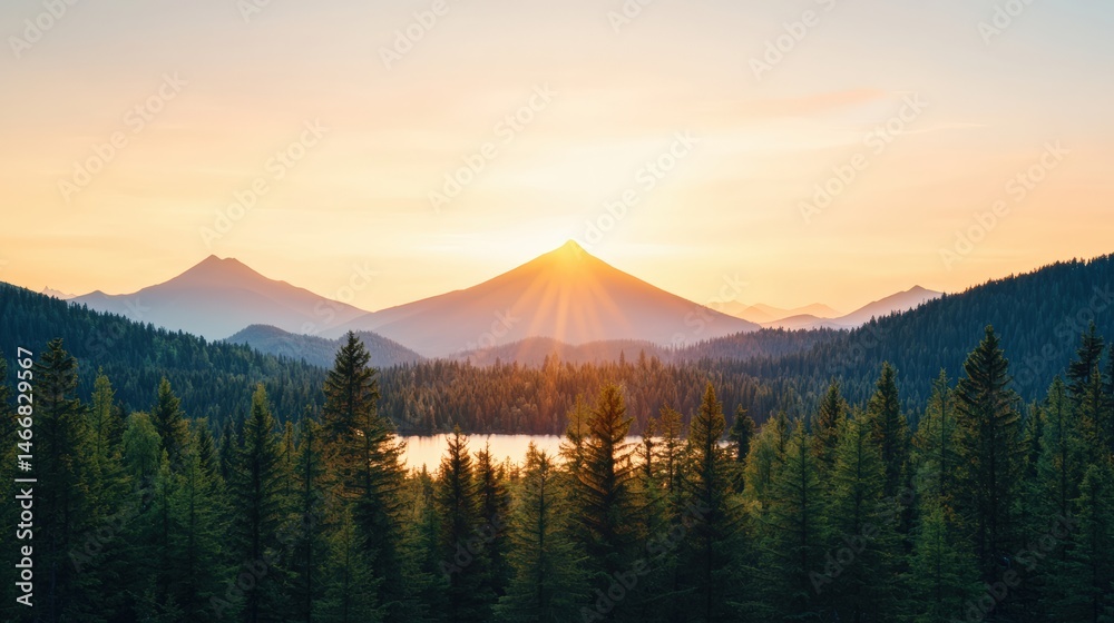 Fototapeta premium Golden sunrise illuminating majestic mountain peak over serene lake and pine forest