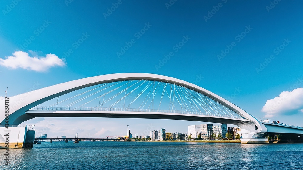 Fototapeta premium A futuristic white arch bridge with radiating cable supports, spanning a broad river under the intense clarity of a sunny blue sky.