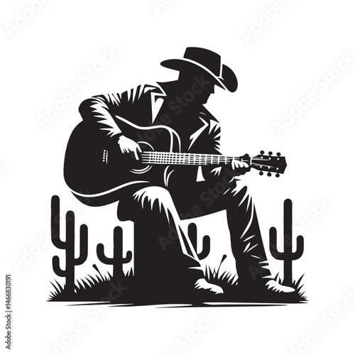 Modern Cowboy with Guitar Vector Silhouette, Country Music Icon, Western Vibes, Rustic Charm, Country Lifestyle, Acoustic Spirit, Cowboy Soul.
