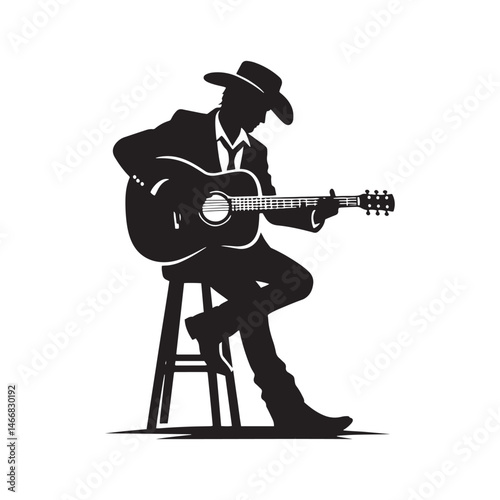 Modern Cowboy with Guitar Vector Silhouette, Country Music Icon, Western Vibes, Rustic Charm, Country Lifestyle, Acoustic Spirit, Cowboy Soul.
