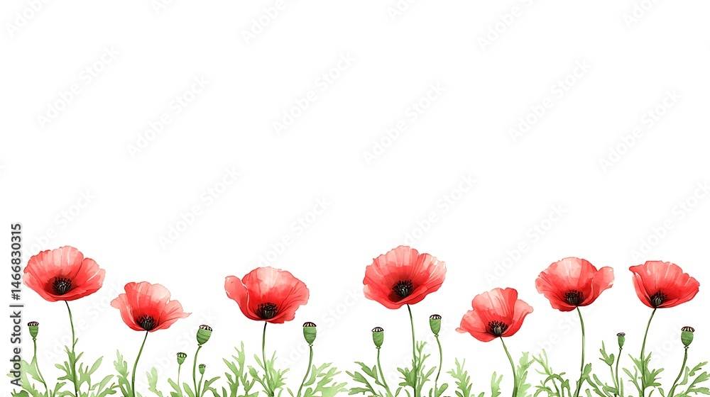 Fototapeta premium Floral watercolor poppies in nature artistic illustration bright and vibrant environment