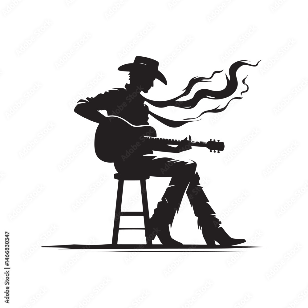 Obraz premium Modern Cowboy with Guitar Vector Silhouette, Country Music Icon, Western Vibes, Rustic Charm, Country Lifestyle, Acoustic Spirit, Cowboy Soul. 