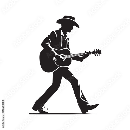 Modern Cowboy with Guitar Vector Silhouette, Country Music Icon, Western Vibes, Rustic Charm, Country Lifestyle, Acoustic Spirit, Cowboy Soul.
